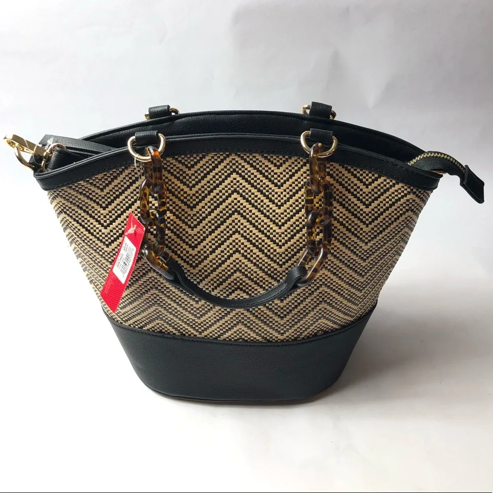 Kelly & Katie Black and Tan Woven Satchel with Tortoiseshell Chain
